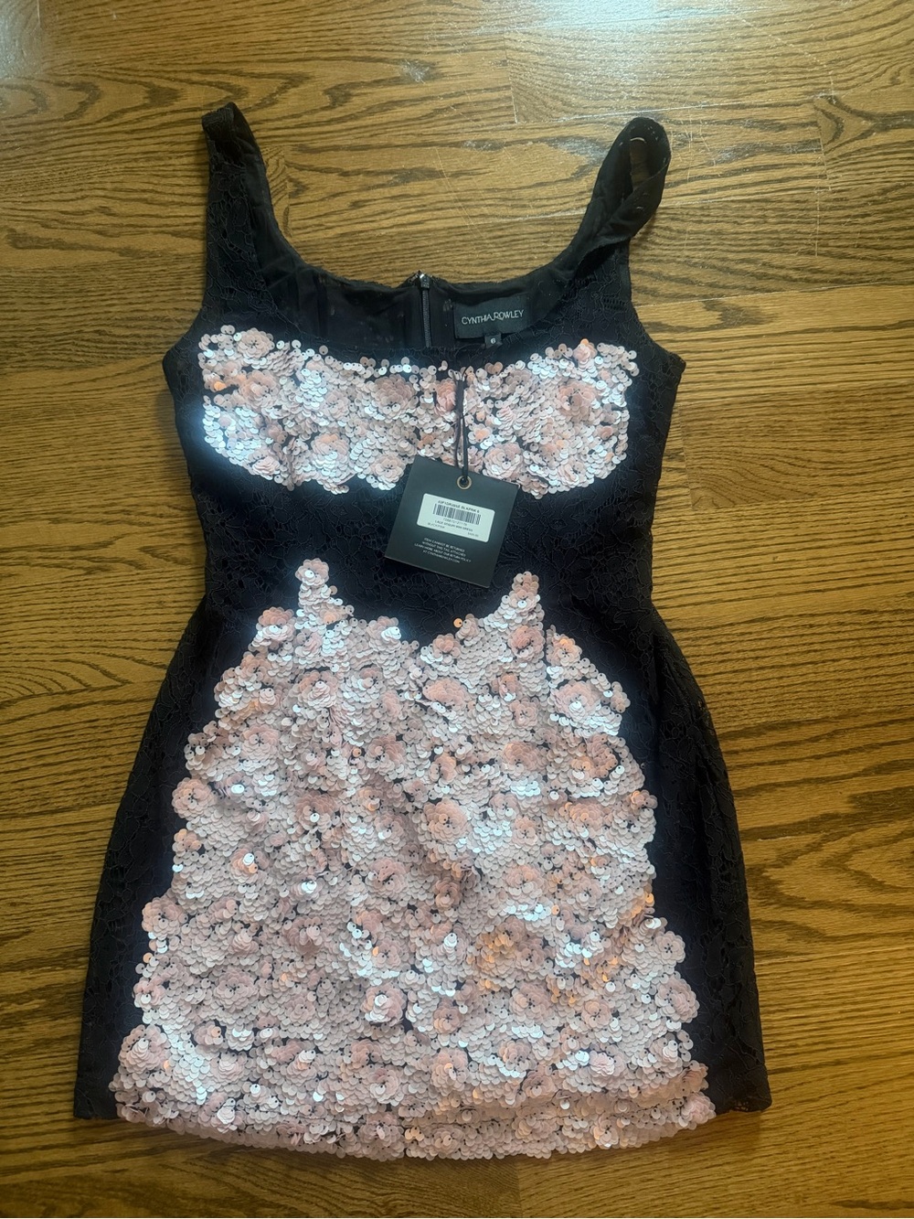 Cynthia Rowley Black Mini Dress with Pink Sequin Floral Embellishment